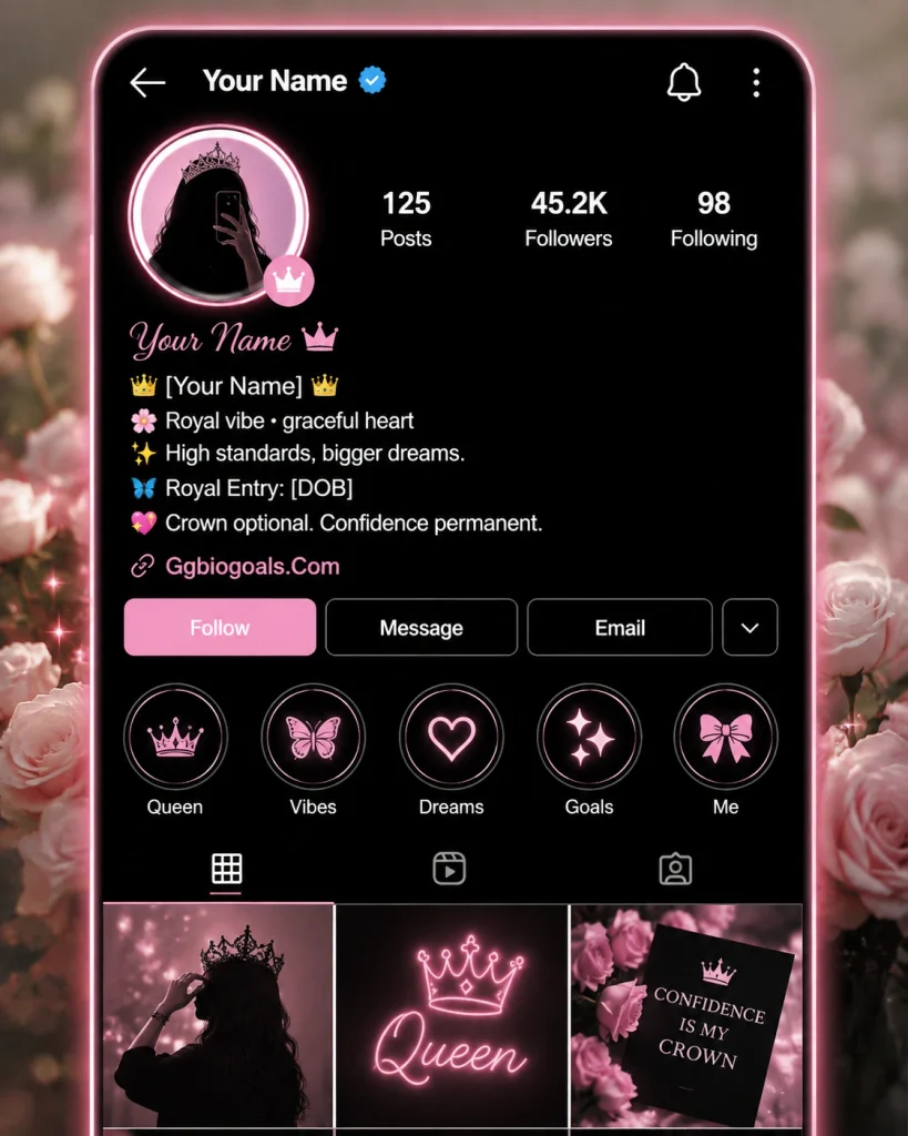 Aesthetic Instagram girls attitude bio template with royal theme