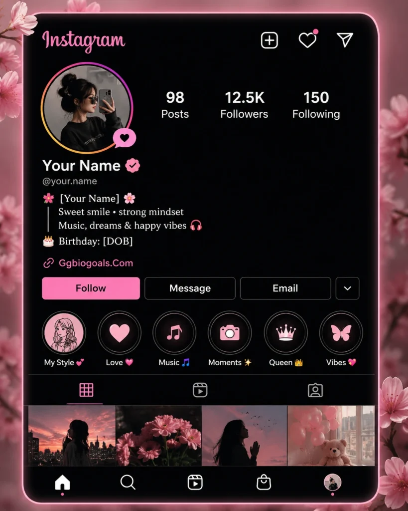 Aesthetic Instagram bio template for girls featuring Your Name
